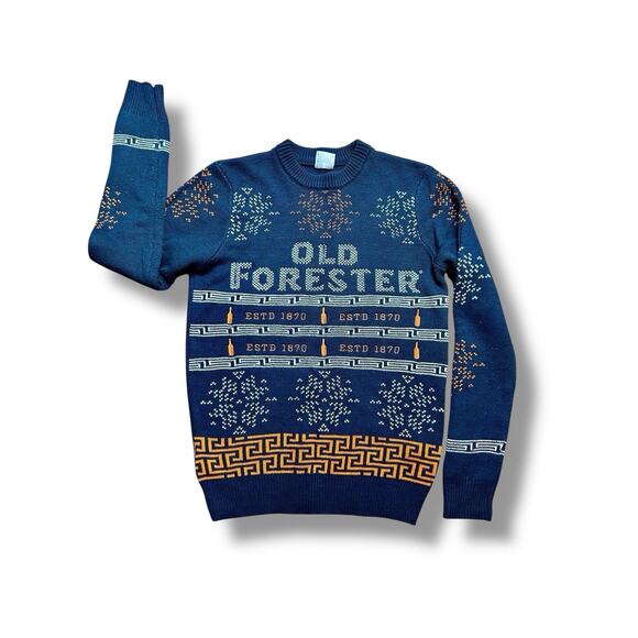 Old Forester Bourbon Ugly Christmas Sweater Dark Blue & Orange Men’s Small - Picture 1 of 6